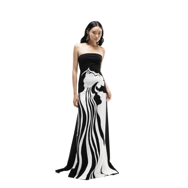 Saiid Kobeisy Strapless Embroidered Crepe Dress in Jet Black and Off White, view 2