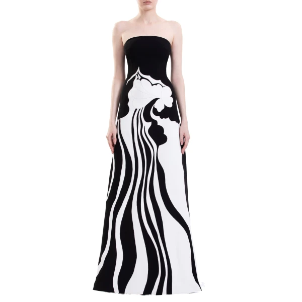 Saiid Kobeisy Strapless Embroidered Crepe Dress in Jet Black and Off White, view 3