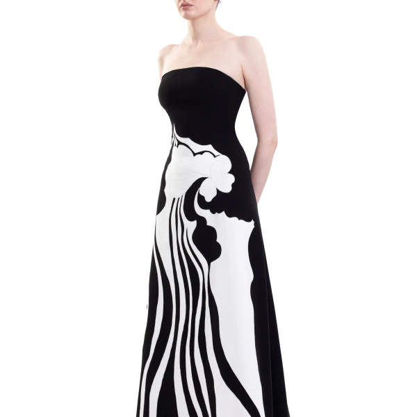 Saiid Kobeisy Strapless Embroidered Crepe Dress in Jet Black and Off White, view 4