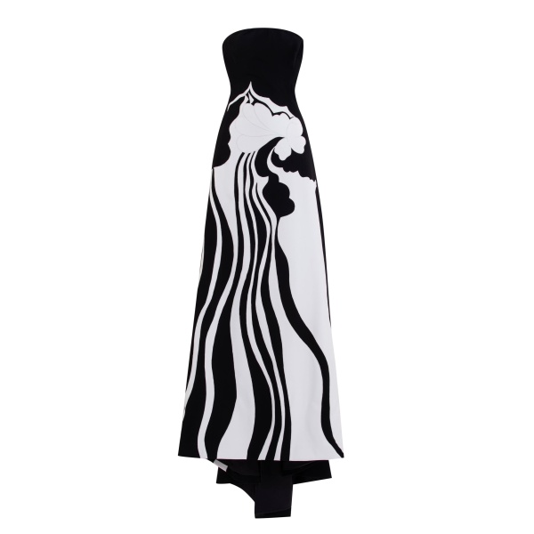 Saiid Kobeisy Strapless Embroidered Crepe Dress in Jet Black and Off White