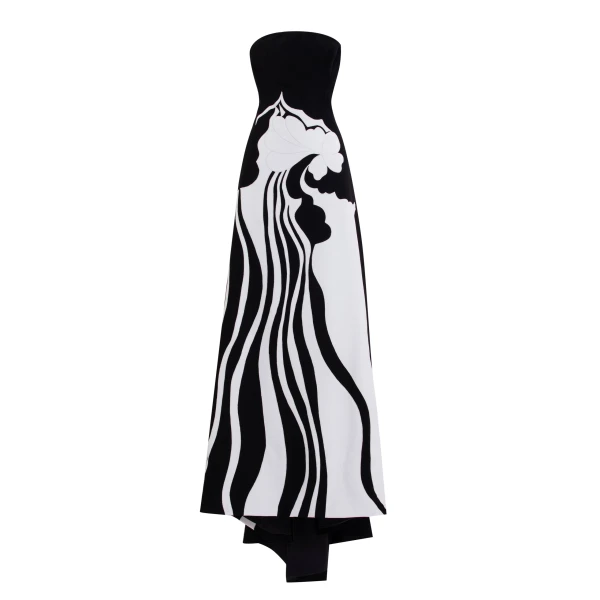 Saiid Kobeisy Strapless Embroidered Crepe Dress in Jet Black and Off White