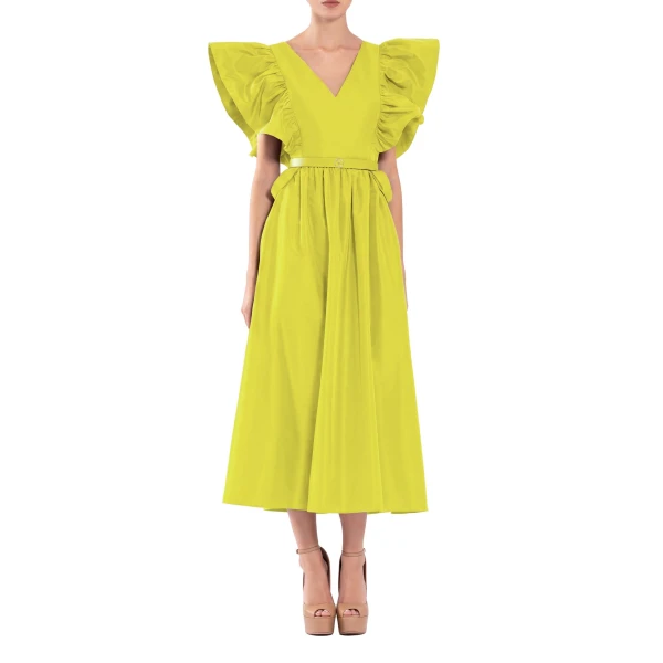 Saiid Kobeisy Taffeta Dress with Gathered Sleeves in Lime Green, view 2