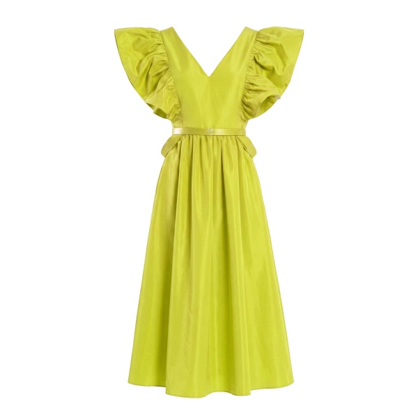 Saiid Kobeisy Taffeta Dress with Gathered Sleeves in Lime Green