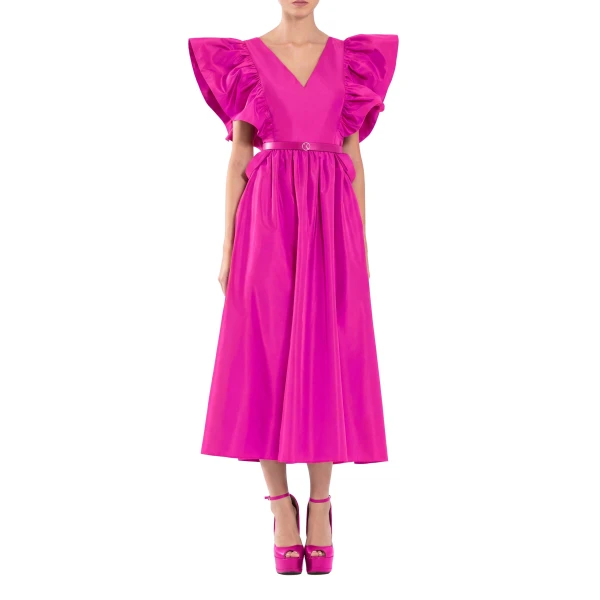 Saiid Kobeisy Taffeta Dress with Gathered Sleeves in Magenta, view 2