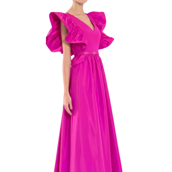 Saiid Kobeisy Taffeta Dress with Gathered Sleeves in Magenta, view 4
