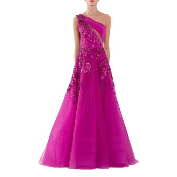 Saiid Kobeisy Tulle Beaded Dress with Floral Beading in Magenta with Magenta beading, view 2