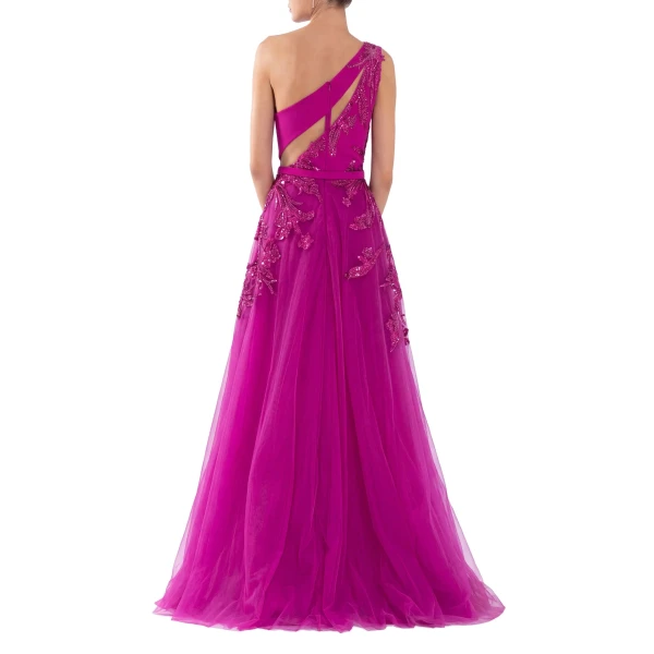 Saiid Kobeisy Tulle Beaded Dress with Floral Beading in Magenta with Magenta beading, view 3