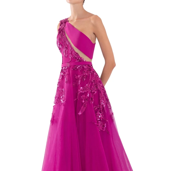 Saiid Kobeisy Tulle Beaded Dress with Floral Beading in Magenta with Magenta beading, view 4