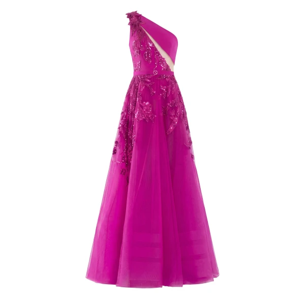 Tulle Beaded Dress with Floral Beading in Magenta with Magenta beading