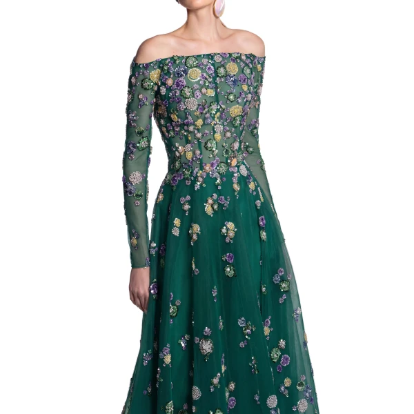 Saiid Kobeisy Tulle Beaded Dress with Off-Shoulder Sleeves in Violet with Multicolour beading, view 4