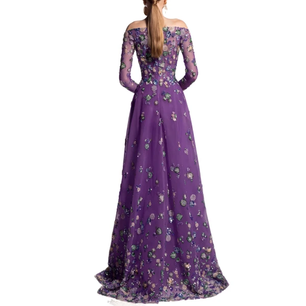 Saiid Kobeisy Tulle Beaded Dress with Off-Shoulder Sleeves in Violet with Multicolour beading, view 5