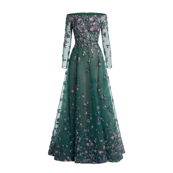 Saiid Kobeisy Tulle Beaded Dress with Off-Shoulder Sleeves in Violet with Multicolour beading