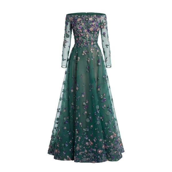 Tulle Beaded Dress with Off-Shoulder Sleeves in Violet with Multicolour beading