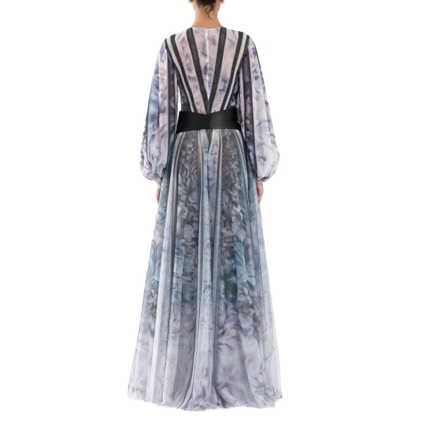 Saiid Kobeisy Tulle Printed Dress with Bell Sleeves in Blue Grey Print, view 3