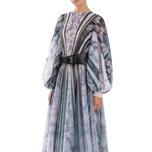 Saiid Kobeisy Tulle Printed Dress with Bell Sleeves in Blue Grey Print, view 4