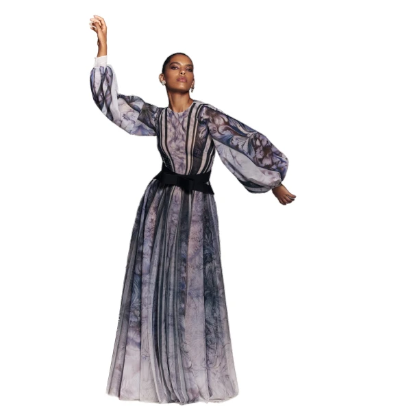 Saiid Kobeisy Tulle Printed Dress with Bell Sleeves in Blue Grey Print, view 5