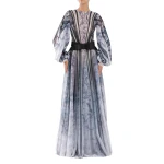 Saiid Kobeisy Tulle Printed Dress with Bell Sleeves in Blue Grey Print