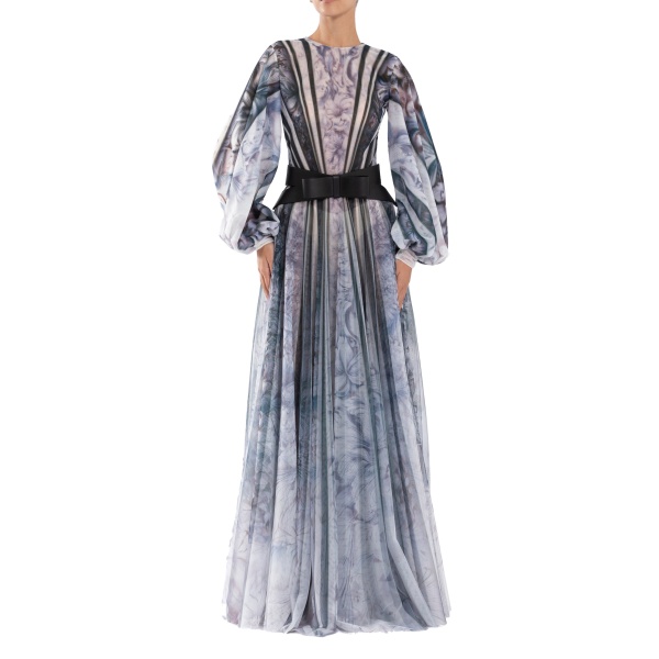 Saiid Kobeisy Tulle Printed Dress with Bell Sleeves in Blue Grey Print