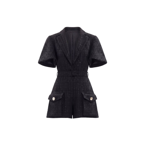 Saiid Kobeisy Tweed Short Jumpsuit in Jet Black