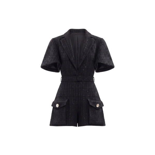 Tweed Short Jumpsuit in Jet Black