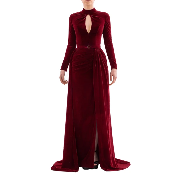 Saiid Kobeisy Velvet Long Dress in Burgundy, Style 31, view 2