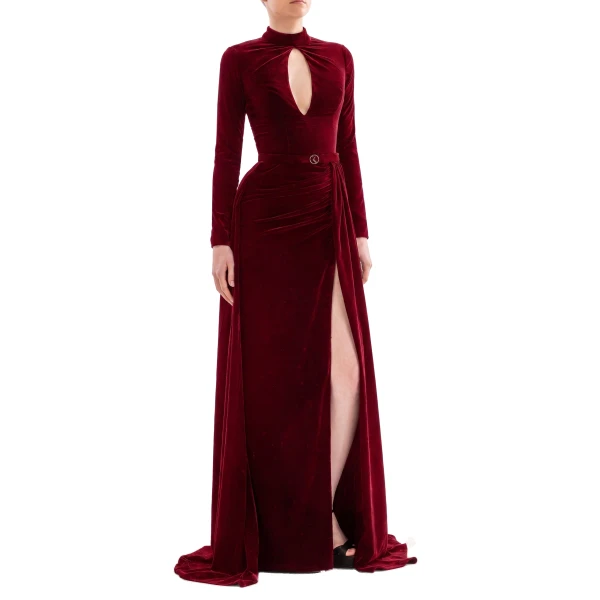 Saiid Kobeisy Velvet Long Dress in Burgundy, Style 31, view 4