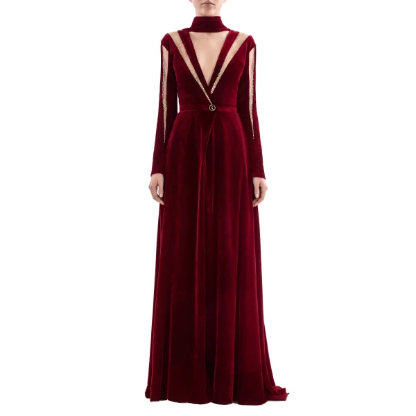 Saiid Kobeisy Velvet Long Dress in Burgundy, Style 36, view 2