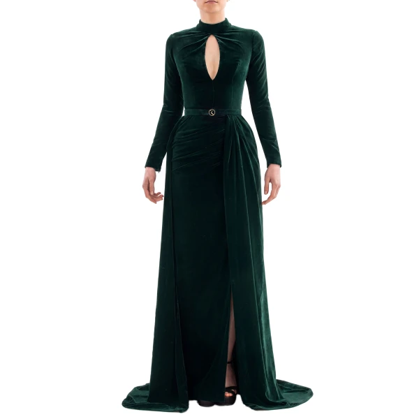 Saiid Kobeisy Velvet Long Dress in Green, Style 31, view 2