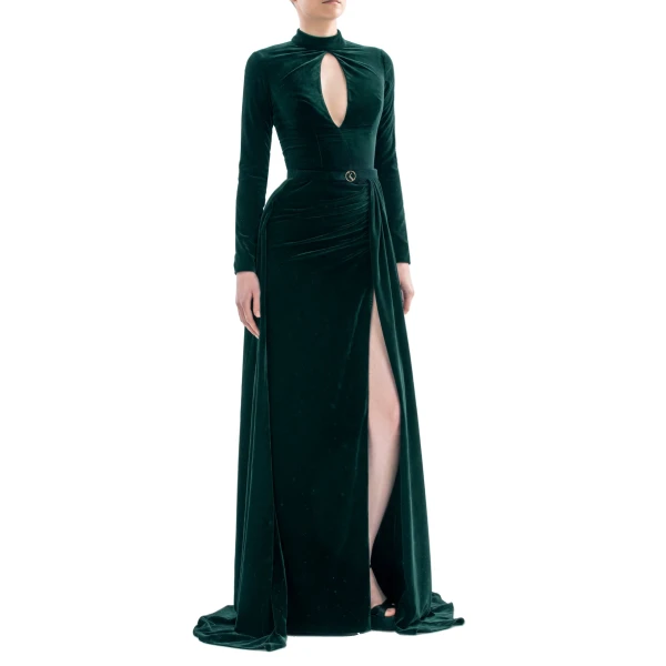 Saiid Kobeisy Velvet Long Dress in Green, Style 31, view 4