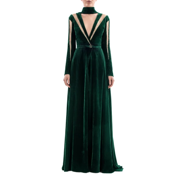 Saiid Kobeisy Velvet Long Dress in Green, Style 36, view 2