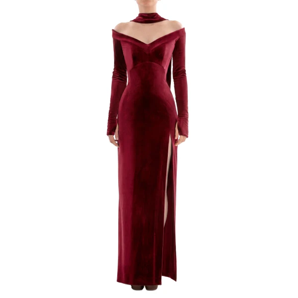Saiid Kobeisy Velvet Long Fitted Dress in Burgundy, view 2