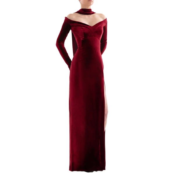 Saiid Kobeisy Velvet Long Fitted Dress in Burgundy, view 4