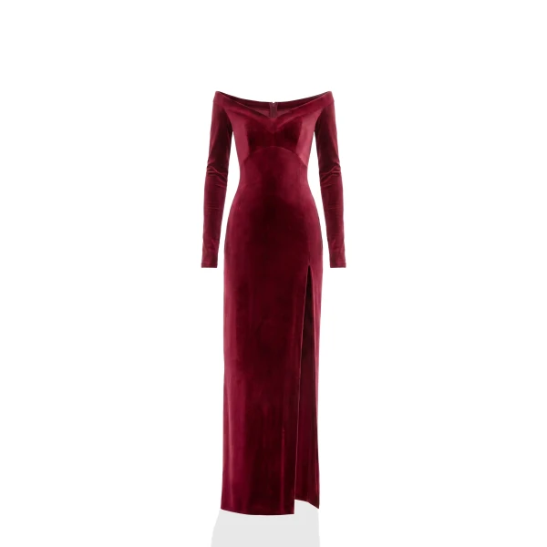 Velvet Long Fitted Dress in Burgundy