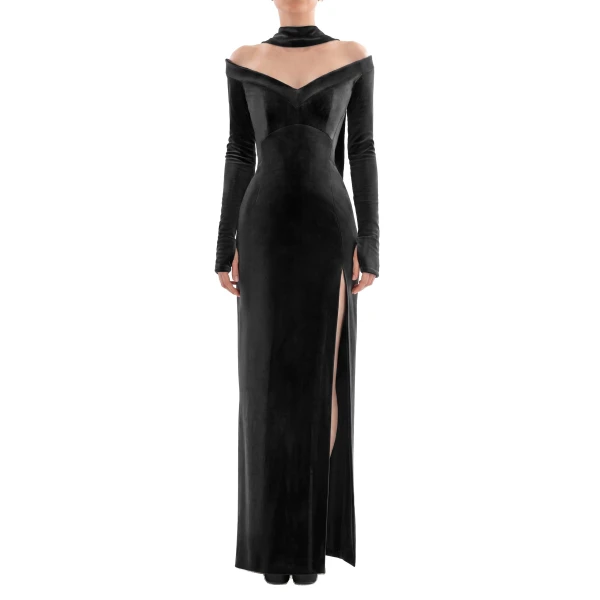 Saiid Kobeisy Velvet Long Fitted Dress in Jet Black, view 2