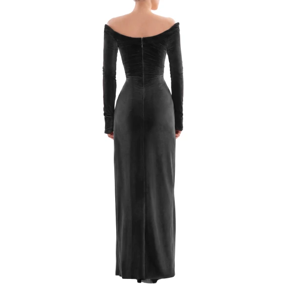 Saiid Kobeisy Velvet Long Fitted Dress in Jet Black, view 3