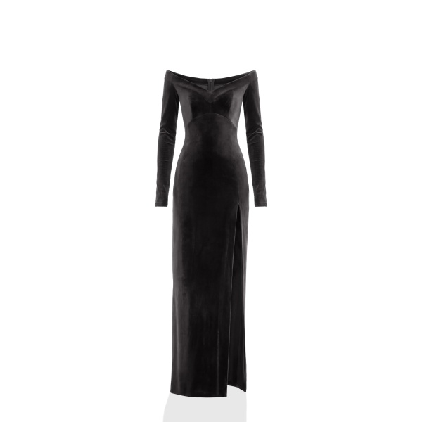 Velvet Long Fitted Dress in Jet Black