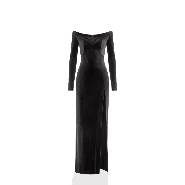 Velvet Long Fitted Dress in Jet Black