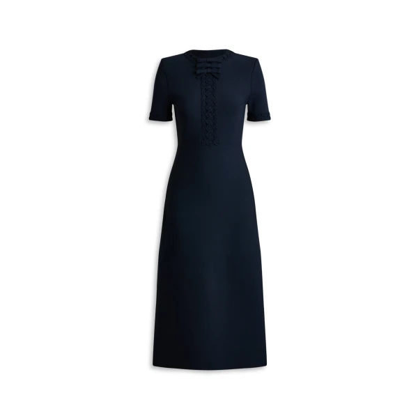 Crepe Knit Bow Dress in Navy
