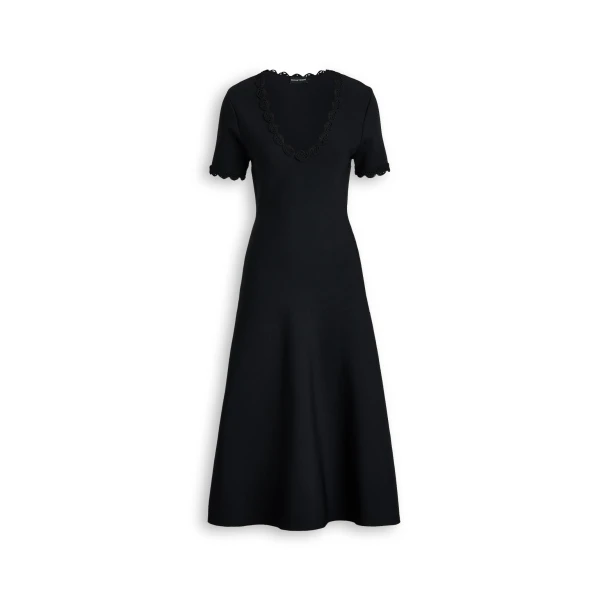 Crepe Knit Poppy Crochet Dress in Black