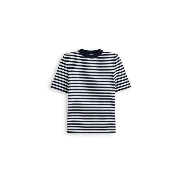 Crepe Knit Stripe T-Shirt in Navy Cream