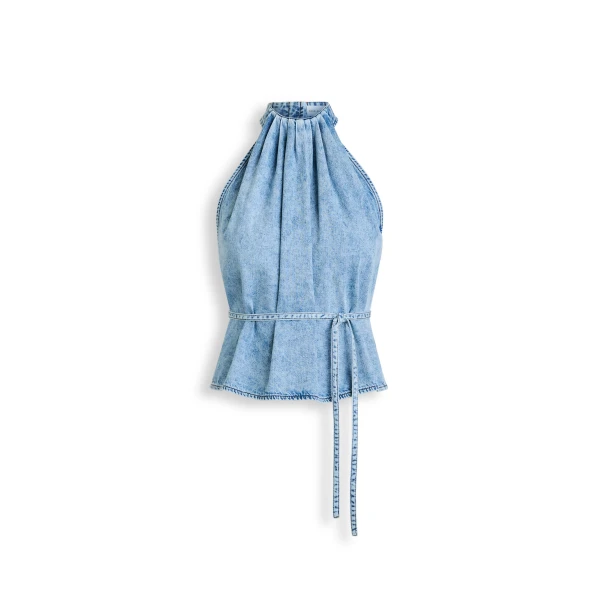 Denim Gather Neck Top in Snow Wash