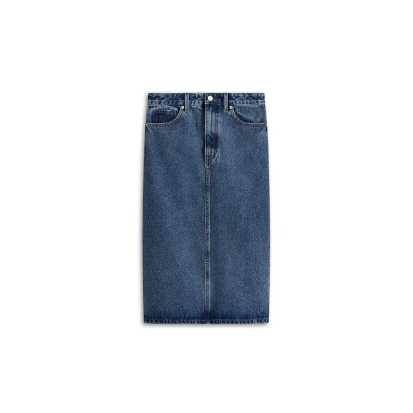 Denim Mid Waist Pencil Skirt in Washed Indigo