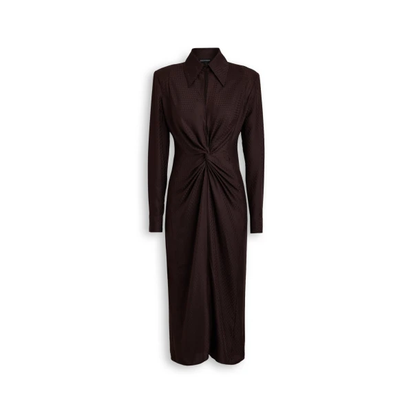 Silk Chain Jacquard Drape Dress in Burnt Chocolate