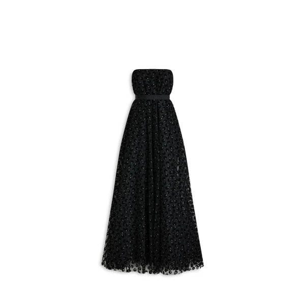 Velvet Print Tulle Gown in Black