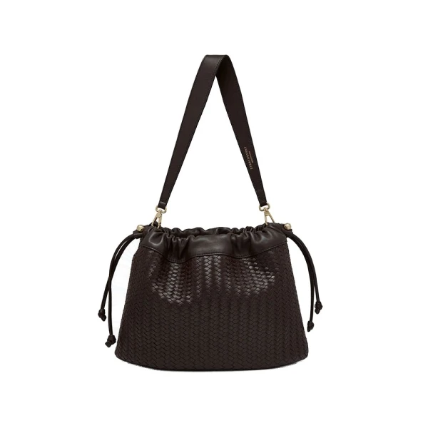 Charlotte Midi Drawstring in Chocolate Woven Leather