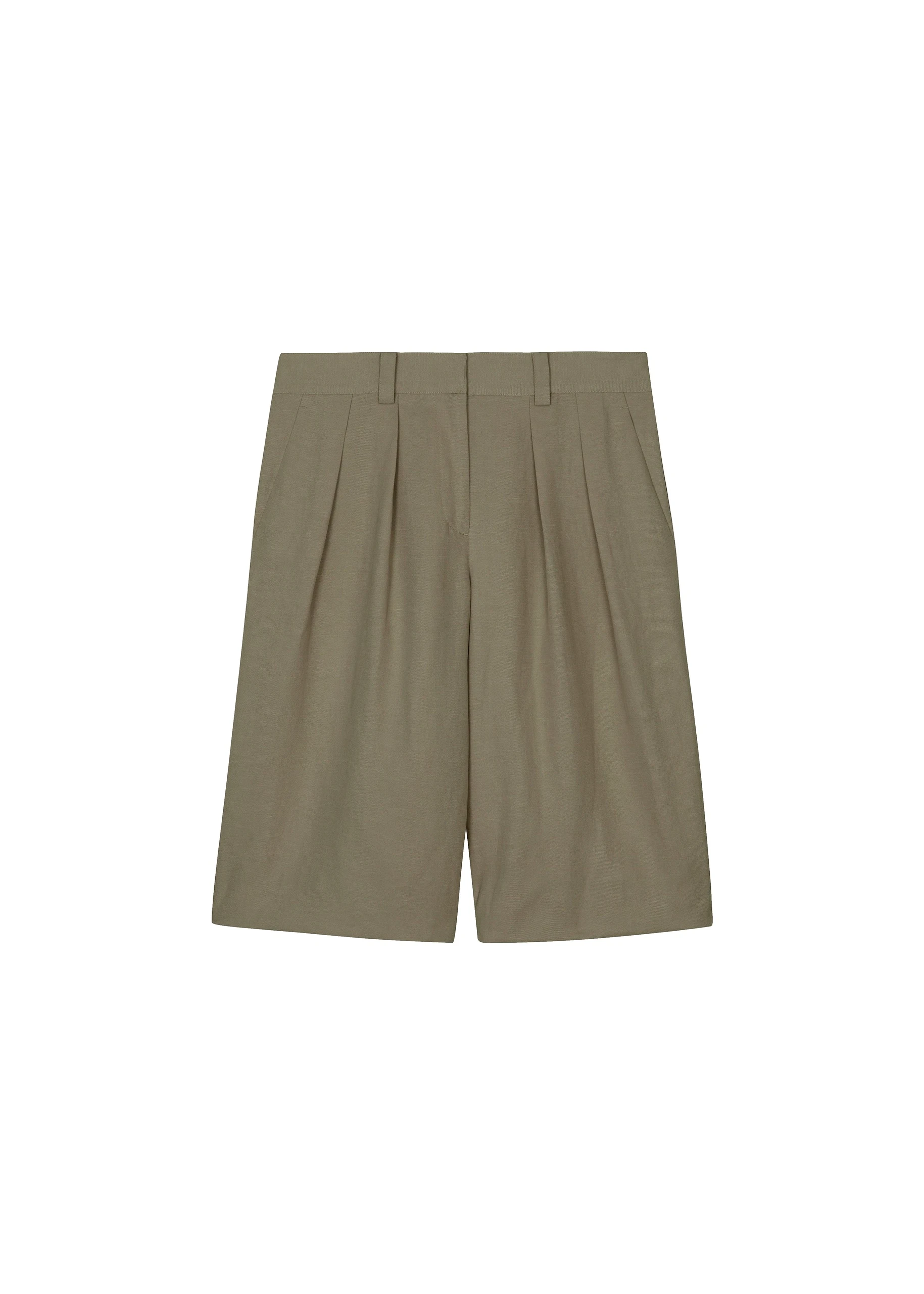 Bilbao Pleated Linen Bermuda Shorts in Khaki by The Frankie Shop – Shorts The Frankie Shop Bilbao Pleated Linen Bermuda Shorts