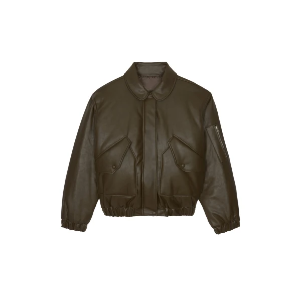 Blane Faux Leather Padded Bomber Jacket in Khaki Brown