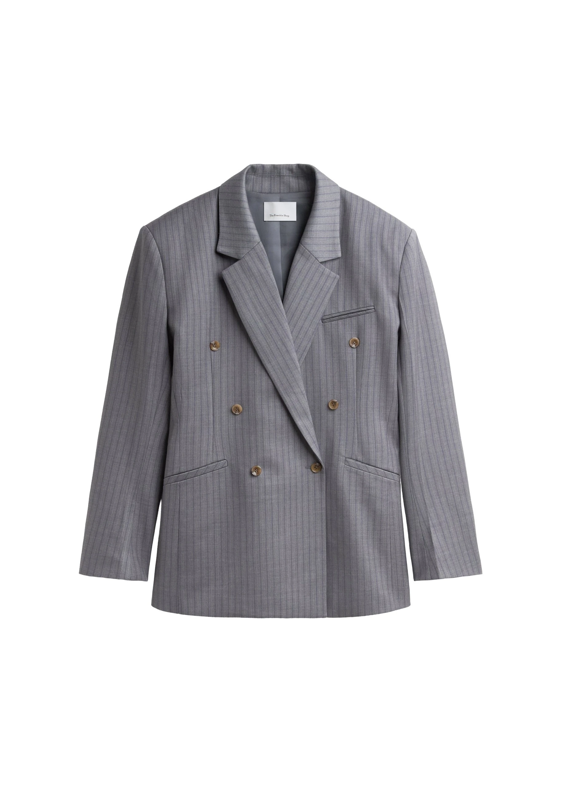 Helmond Double-Breasted Blazer in Grey Multi Stripe by The Frankie Shop – Jackets The Frankie Shop Helmond Double-Breasted Blazer
