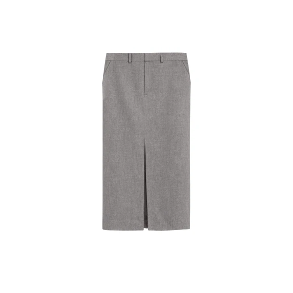 Maybelle Wool Front Slit Pencil Skirt in Light Taupe Melange