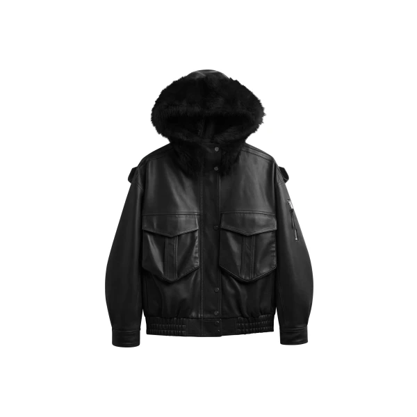 Napa Leather Hooded Jacket in Black